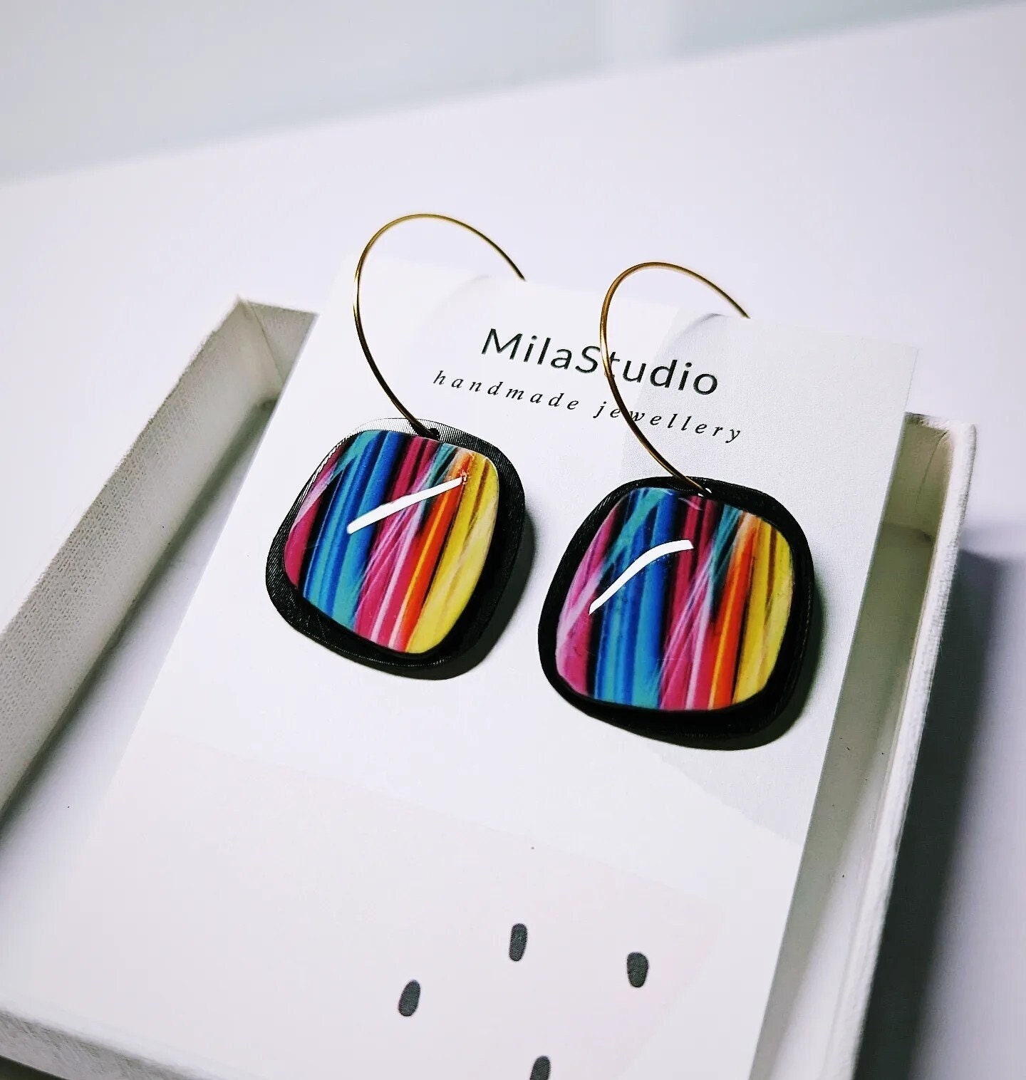Funky earrings, Zero waste, recycled material, gold plated, polymer clay, elegant, dangle earrings, Funky, perfect for gifts, for her