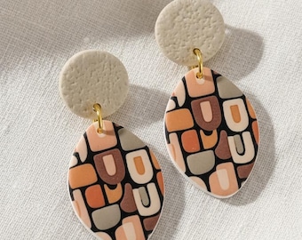 Statement Clay Earrings in Terracotta and Cream, Unique Birthday Gift for Women, Boho Drop Earrings, Handmade Patterned Jewellery