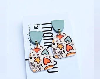 Boho Polymer Clay Dangle Earrings: Artisan Heart, Star, Spiral Design