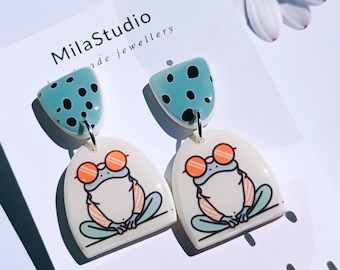 Handmade Frog Dangle Earrings: Polymer Clay Toad with Sunglasses