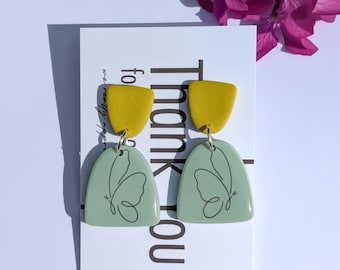 Butterfly Dangle Earrings: Handmade Polymer Clay, Sage Green & Mustard Yellow