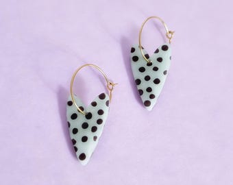 Green Polka Dot Heart Earrings | Handmade Polymer Clay Heart Drop Earrings | Sage Green Statement Jewellery | Unique Gift for Her