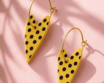 Yellow Polka Dot Polymer Clay Earrings | Handmade Heart Hoop Earrings | Fun Statement Earrings | Unique Jewellery Gift for Her