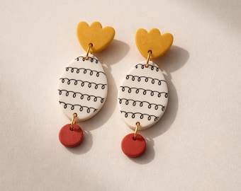 Mid Century Modern Earrings, Mustard Yellow and Red Dangle Earrings, Patterned Statement Jewelry, Unique Gift for Her, Scandi Style