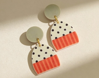 Handmade Polymer Clay Earrings | Bold Statement Dangles | Orange Striped & Polka Dot Abstract Jewellery | Modern Gift for Her by Mila Studio