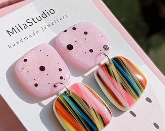 Handmade Polymer Clay Earrings: Pink Dot & Striped Design
