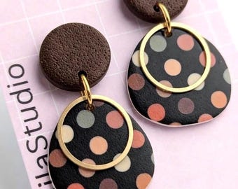 Retro Polka Dot Earrings with Brass Ring, Textured Brown Studs, Colorful Patterned Statement Dangles, Mid Century Modern Gift for Her
