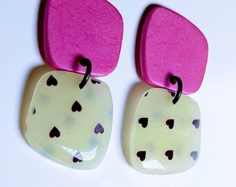 Magenta Pink Heart Drop Earrings: Y2K Dangle Jewelry
