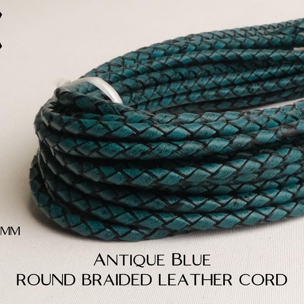 3mm Round Braided Leather Cord Antique Blue C17