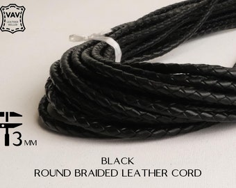 3mm Round Braided Leather Cord Black C16