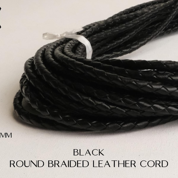 3mm Round Braided Leather Cord Black C16