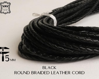 5mm Round Braided Leather Cord Black C22