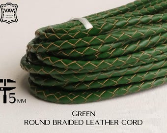 5mm Round Braided Leather Cord Green C82