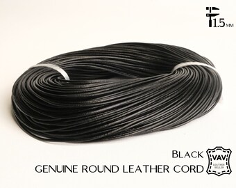 Cordon En Cuir Véritable Rond 1.5mm Noir - 5 Mètres - Marque Homemade - Fabriqué En France