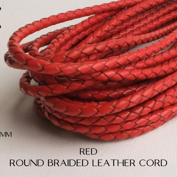 4mm Round Braided Leather Cord Red C7