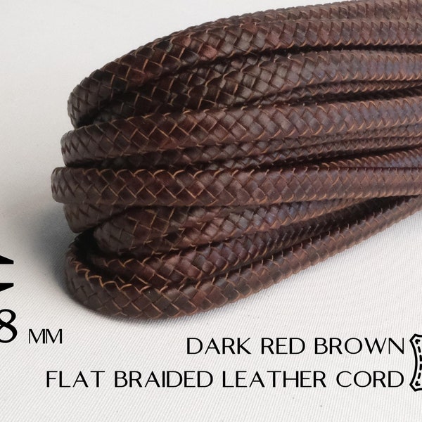8mm Flat Braided Leather Cord Dark Red Brown C53