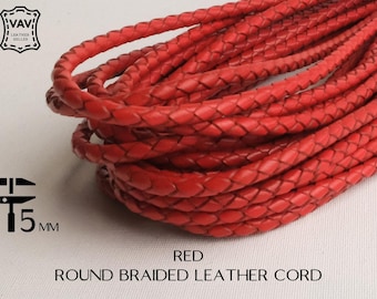 5mm Round Braided Leather Cord Red C21