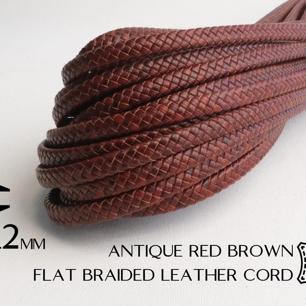 12mm Flat Braided Leather Cord Antique Red Brown C56