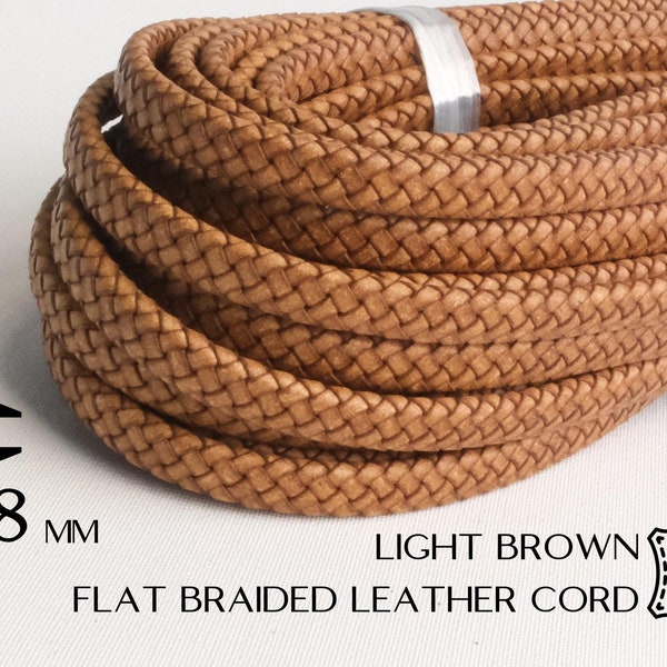 8mm Flat Braided Leather Cord Light Brown C54