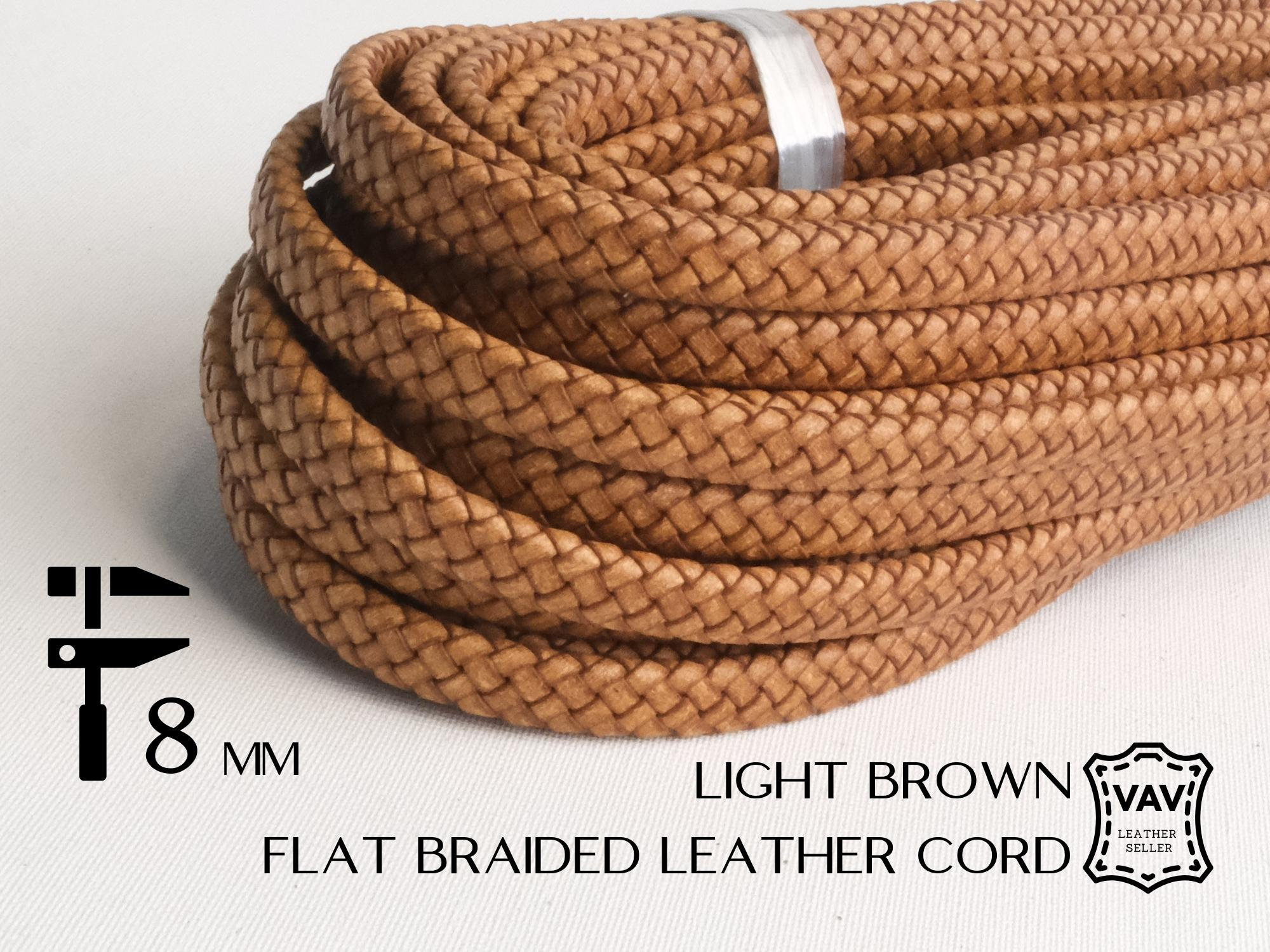 8mm Flat Braided Leather Cord Light Brown C54 