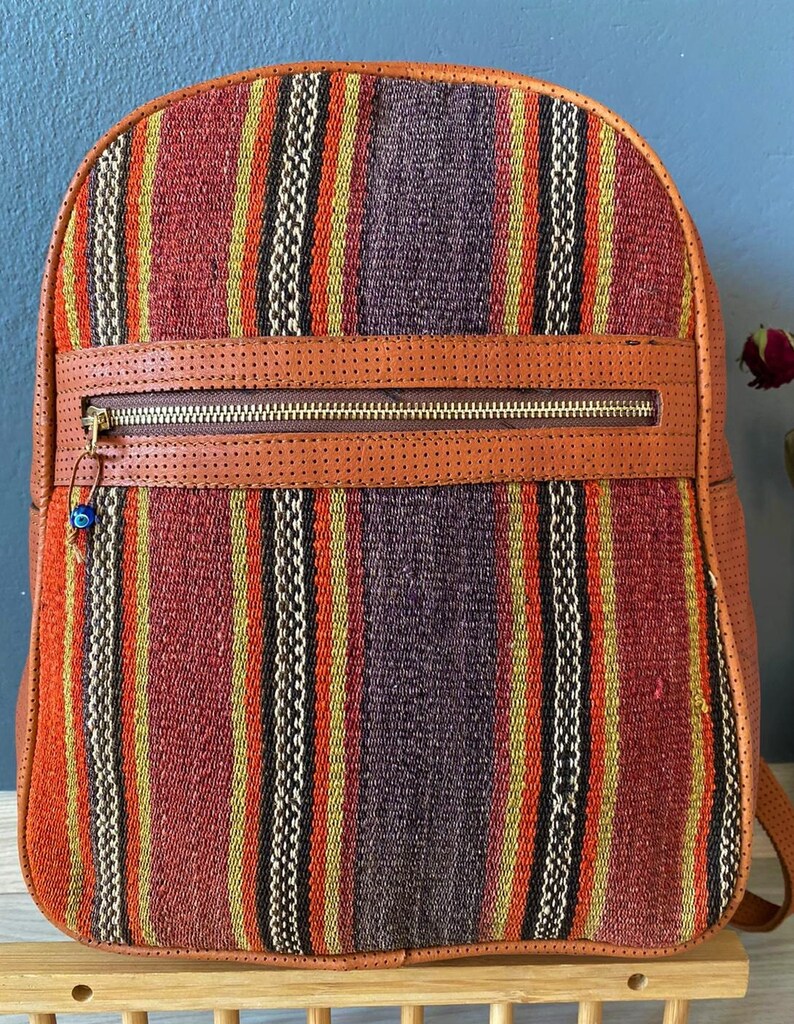 Vintage Leather Backpack - Anatolian Handmade Rug Backback, Tribal Woven Backpack, Handmade Backback, Retro Backpack shops For Women