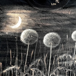 Handpainted bleached T-shirt, dandelions in the moonlight shirt, fluffy dandelion wearable art tee, hand painted bleach flower painting gift