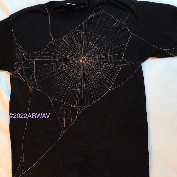 Spiderweb handpainted w/ bleach on a black T-shirt, spider web shirt, hand painted bleached tee, goth handmade clothing optional back design