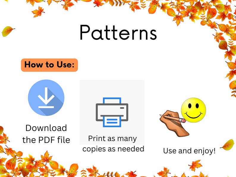 K&ouml;nnte beinhalten: Eine Grafik mit Anweisungen zur Verwendung von Mustern. Die Grafik enth&auml;lt ein Download-Symbol, ein Druckersymbol und ein Smiley mit einem Bleistift. Der Text lautet "So verwenden Sie: Muster Laden Sie die PDF-Datei herunter Drucken Sie so viele Kopien wie ben&ouml;tigt Verwenden Sie sie und genie&szlig;en Sie sie!"