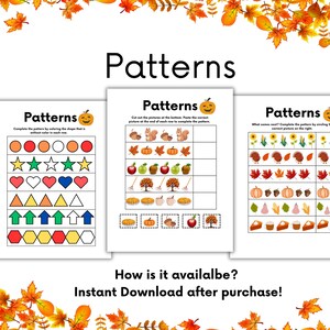 K&ouml;nnte beinhalten: Drei druckbare Arbeitsbl&auml;tter mit Herbstmotiven f&uuml;r Kinder. Die Arbeitsbl&auml;tter zeigen Bilder von K&uuml;rbissen, Eichh&ouml;rnchen, Eicheln, Bl&auml;ttern und anderen Herbstmotiven. Der Text auf den Arbeitsbl&auml;ttern lautet "Muster".