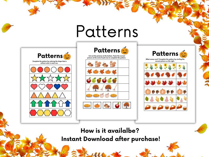 K&ouml;nnte beinhalten: Drei druckbare Arbeitsbl&auml;tter mit Herbstmotiven f&uuml;r Kinder. Die Arbeitsbl&auml;tter zeigen Bilder von K&uuml;rbissen, Eichh&ouml;rnchen, Eicheln, Bl&auml;ttern und anderen Herbstmotiven. Der Text auf den Arbeitsbl&auml;ttern lautet "Muster".