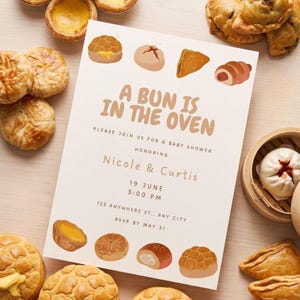 Asian Bakery Baby Shower Invitation Template, A Bun in the Oven, Editable Canva Invite 5x7, Hong Kong Bakery Theme