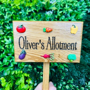 Personalised Original High Quality Solid Oak Family Allotment sign vegetable Patch garden signWords of your choicewith strong ground stake image 1