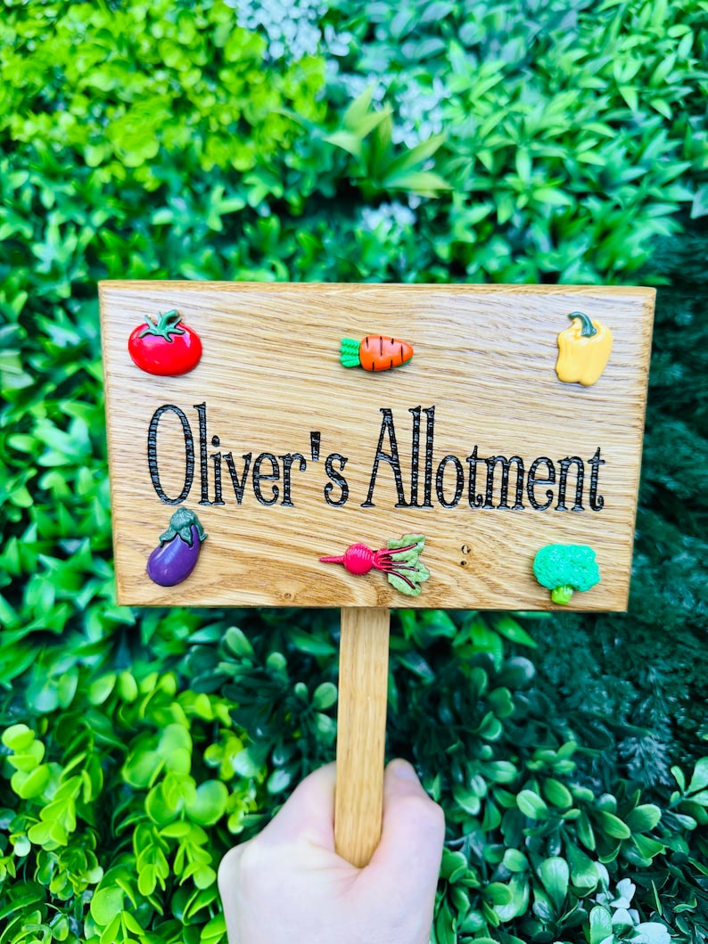 Personalised Original High Quality Solid Oak Family Allotment sign vegetable Patch garden signWords of your choicewith strong ground stake image 1