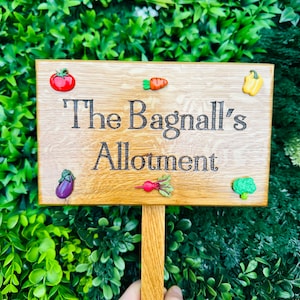 Personalised Original High Quality Solid Oak Family Allotment sign vegetable Patch garden signWords of your choicewith strong ground stake image 3