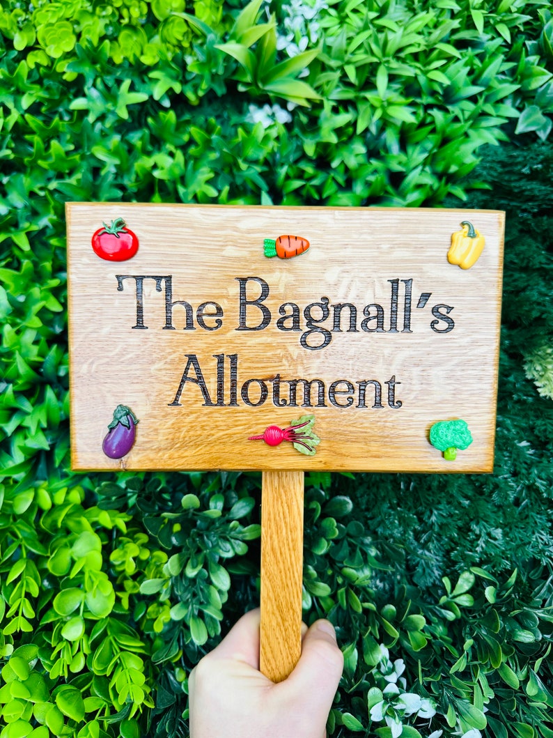 Personalised Original High Quality Solid Oak Family Allotment sign vegetable Patch garden signWords of your choicewith strong ground stake image 3