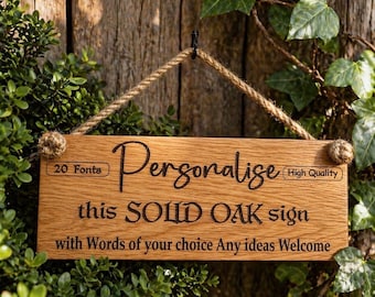 Letrero colgante de madera maciza de roble de alta calidad, personalizado (palabras e imágenes a tu elección) 10 cm x 25 cm (20 fuentes) (consulta las imágenes para ver la lista de fuentes).