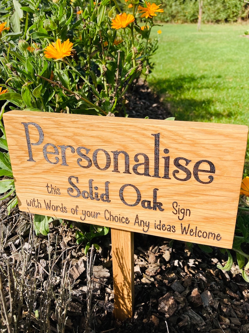 Soild Oak personalised Ground Stake sign/ garden signwords of your Choice you can add a picture to this, Please LOOK at PICTURES for IDEAS image 1