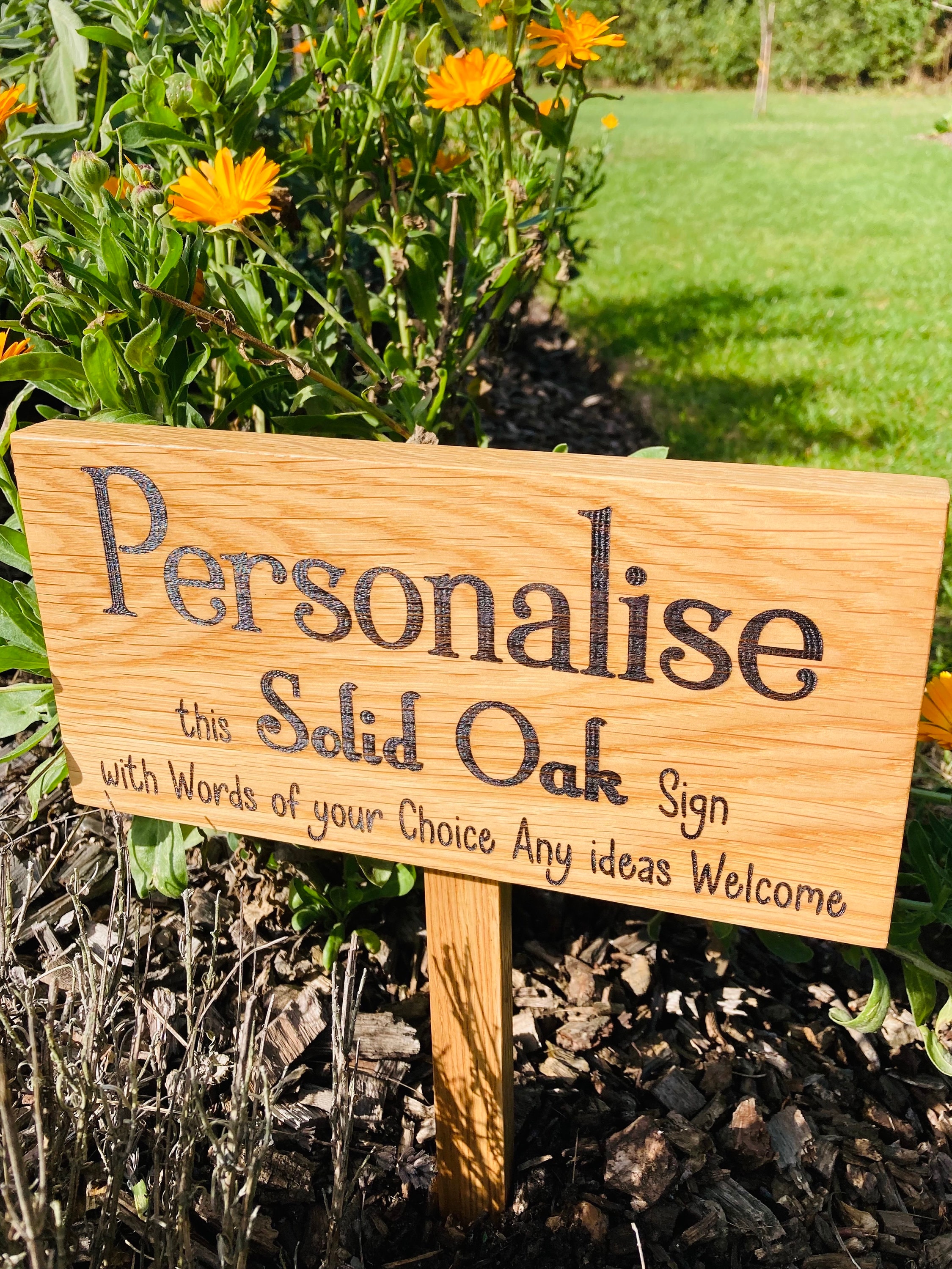 Soild Oak personalised Ground Stake sign/ garden sign(words of your Choice) you can add a picture to this, Please LOOK at PICTURES for IDEAS