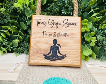 Personalised yoga studio sign Solid Chunky Oak Sign laser engraved, Meditation sign. Yoga sign. Words of your choice.