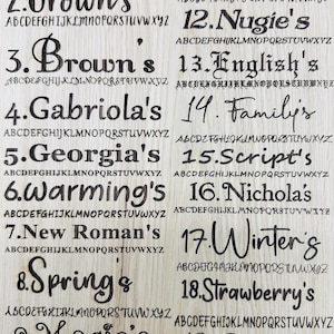 May include: A wooden board displays a font list with 20 different font styles, each with a sample name and the alphabet. The fonts vary in style, from classic to script.