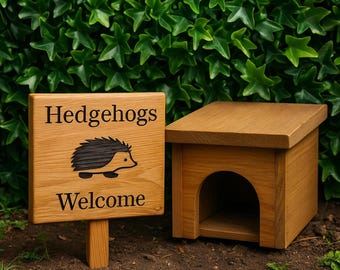 Handmade Oak Hedgehog Garden Sign: Laser Engraved Welcome Sign