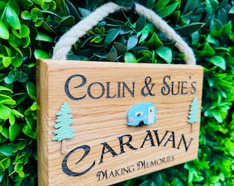 SOLID OAK Laser engraved Personalised Family Caravaning sign. High Quality Handmade from Solid Chunky Oak. Caravan gifts/Caravan decor.