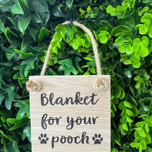 May include: A wooden sign with the text "Blanket for your pooch" in black lettering, along with paw print graphics. The sign is suspended by a jute rope and set against a backdrop of green foliage.