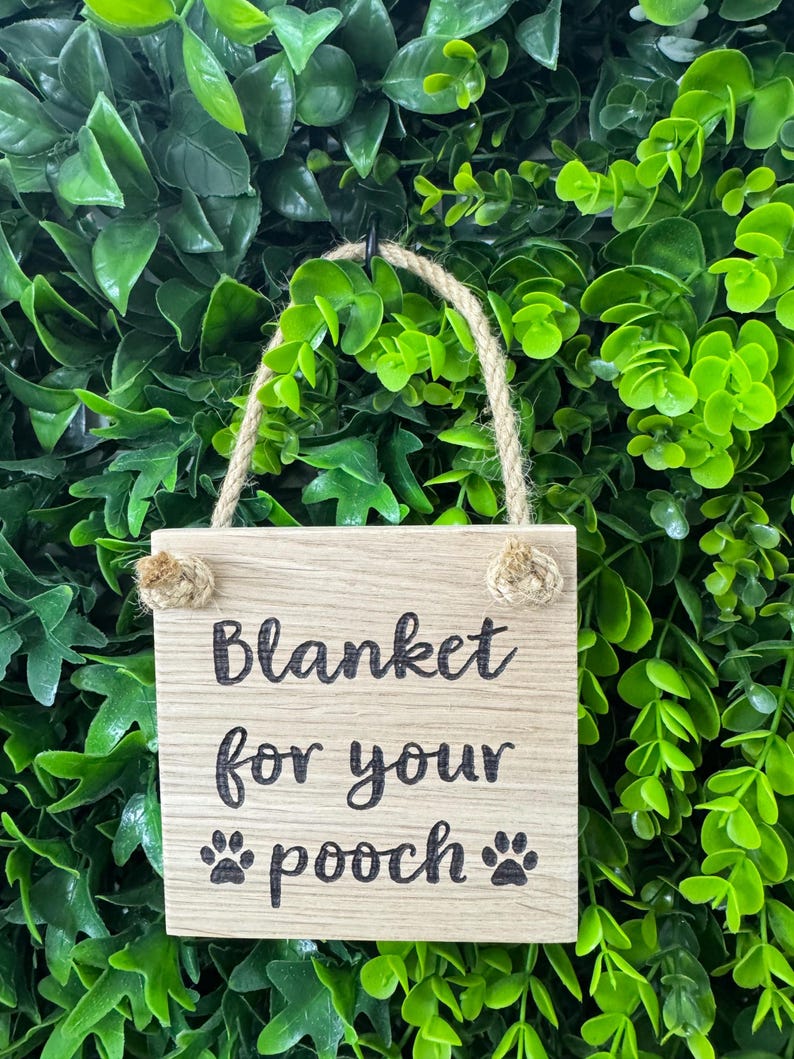 May include: A wooden sign with the text "Blanket for your pooch" in black lettering, along with paw print graphics. The sign is suspended by a jute rope and set against a backdrop of green foliage.