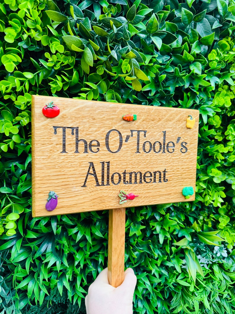 Personalised Original High Quality Solid Oak Family Allotment sign vegetable Patch garden signWords of your choicewith strong ground stake image 8