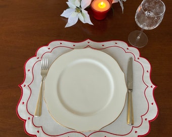 Set of 4 Love placemats | Tiny hearts, two borders with red embroidery | Valentine’s Day or For Your Home Placemats | Gift