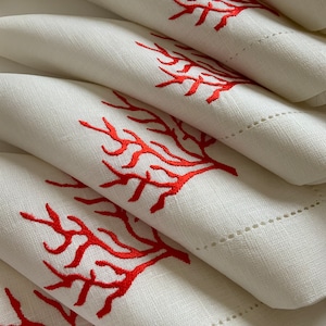 Coral Linen Napkin | Red and Turquoise Embroidery, Hemstitch | Set of 4 Napkin for Beach House, Yacht, Boat | Gift