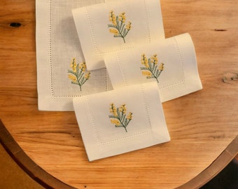 Set of 6 Linen Coctail Napkins | Mimosa Embroidery | Hemstitch |Party, Coctail , Organization, Tea Time Or For Your Home | Gift