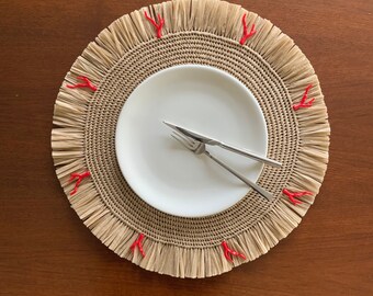 Set of 2 Hand Knitted Placemat| Natural Color Raffia with Red Coral or Blue Coral | Gift