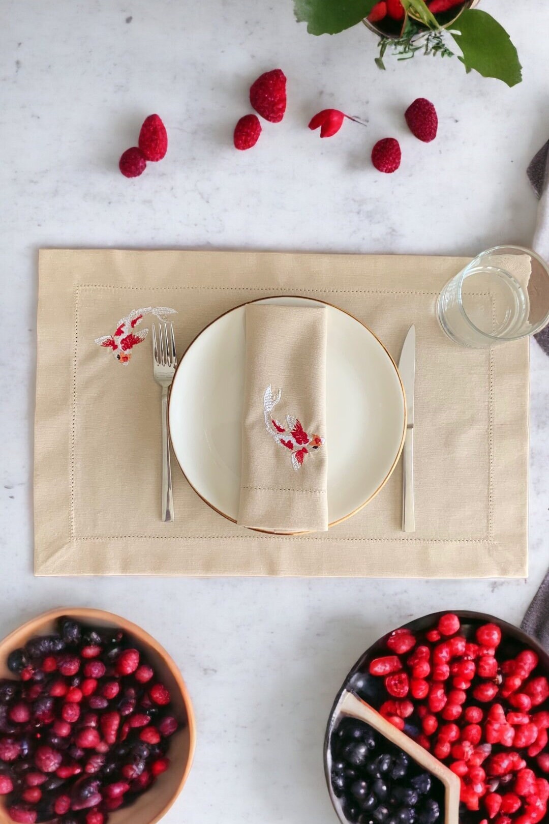 Set of 4/6/8 Fish Placemats and Napkins Embroided Hemstiched Marine Set